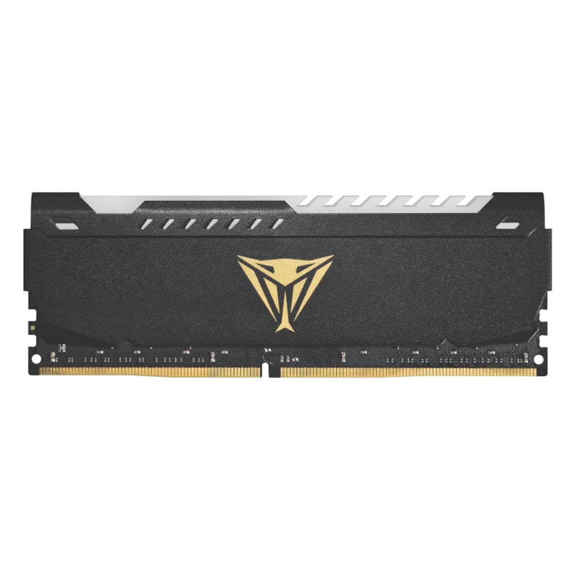 Patriot Vipersteel 16GB DDR4 desktop gaming memory with sleek design and RGB illumination.
